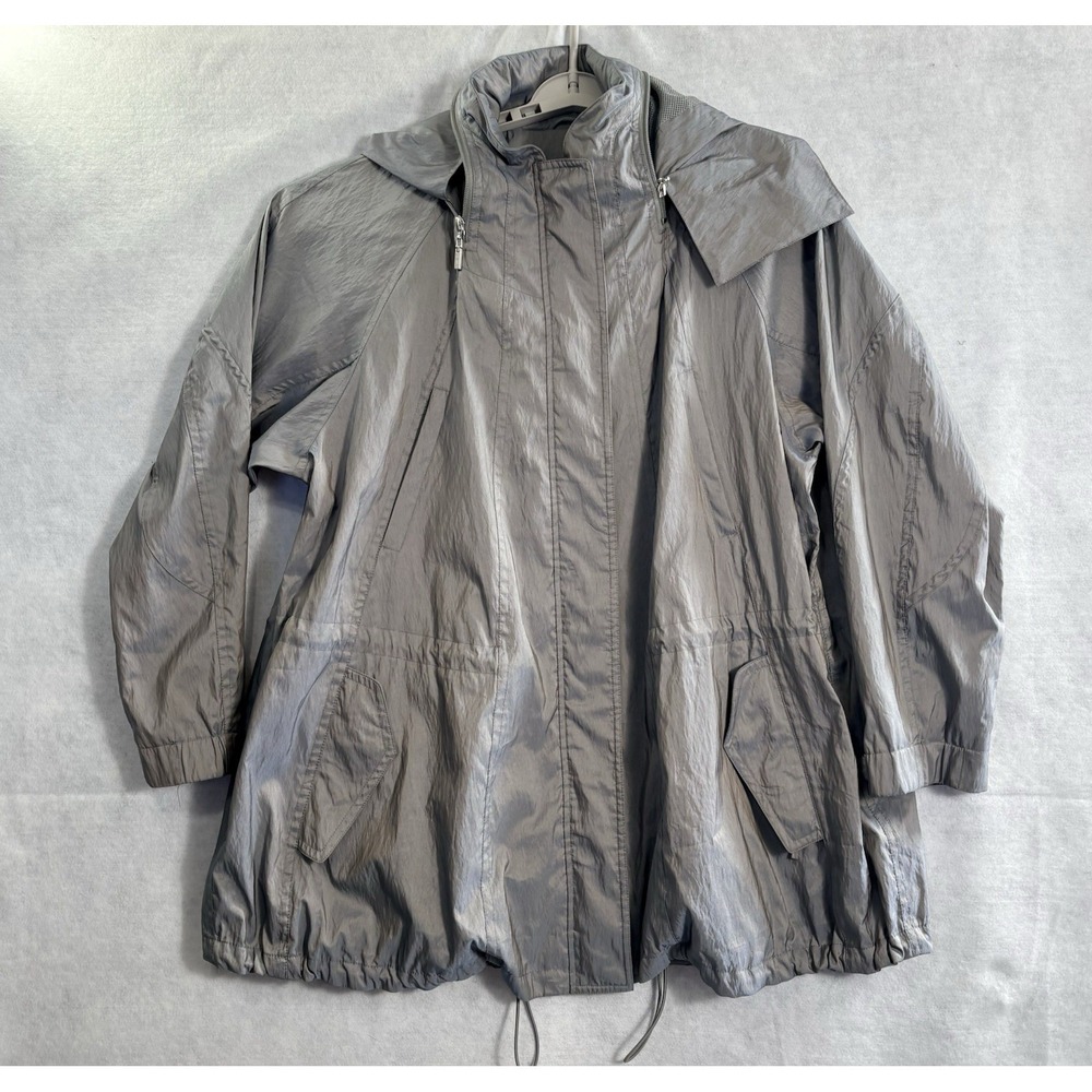 MYCRA PAC Life Women Raincoat Irredescent Cinch Waist Hooded Sz M/L Gray 5-27